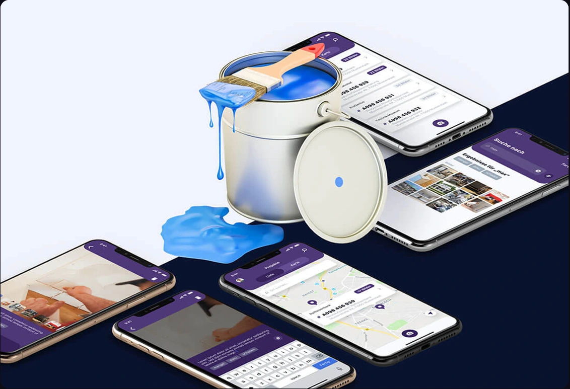 FFUF mobile app designs for craftsmen, presented around a paint can