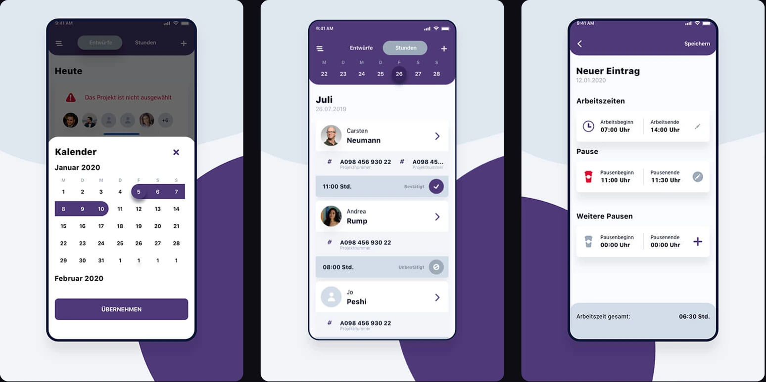FFUF time-tracking app screens showing a calendar, recorded hours and breaks