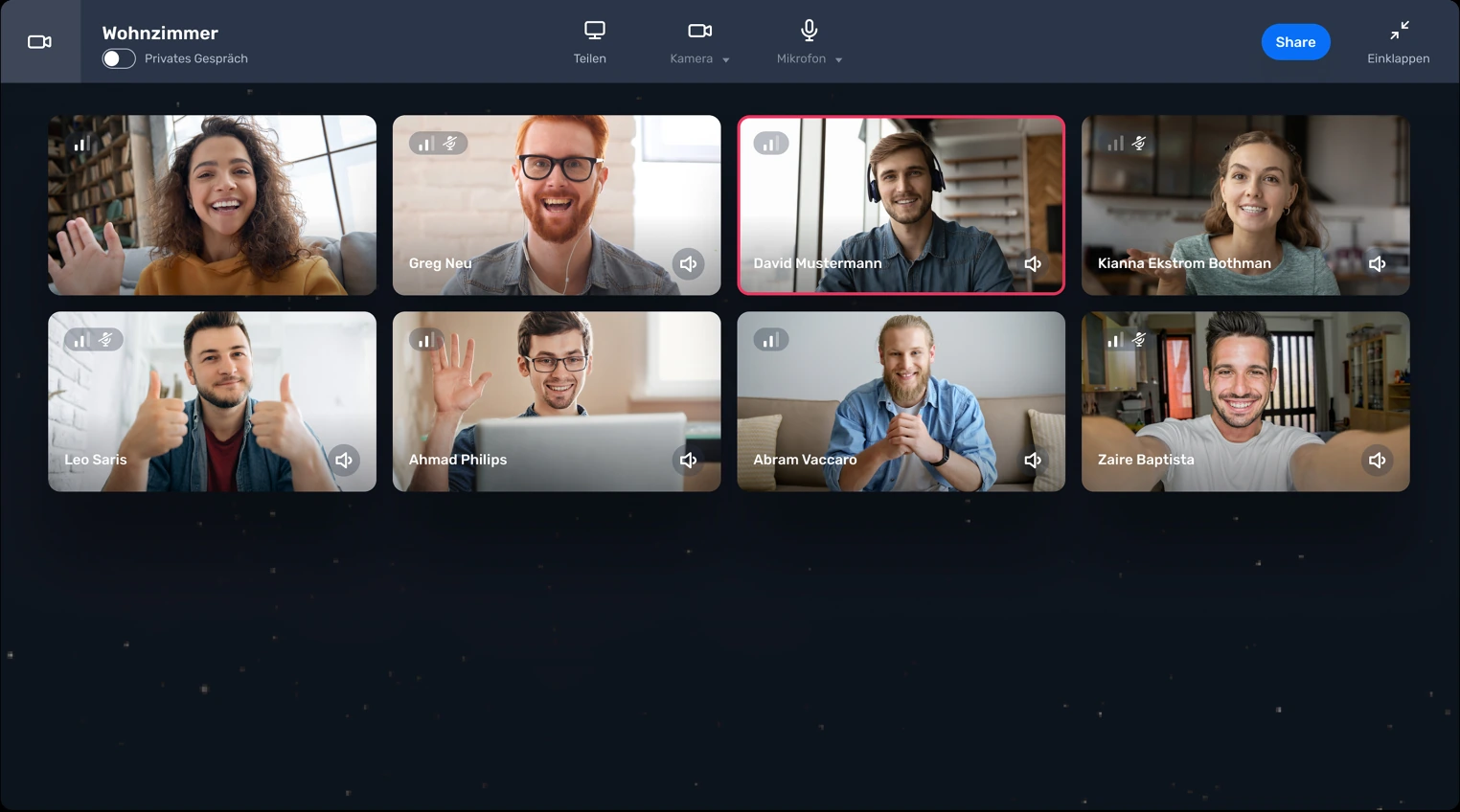 hyo video-call interface showing a team conversation