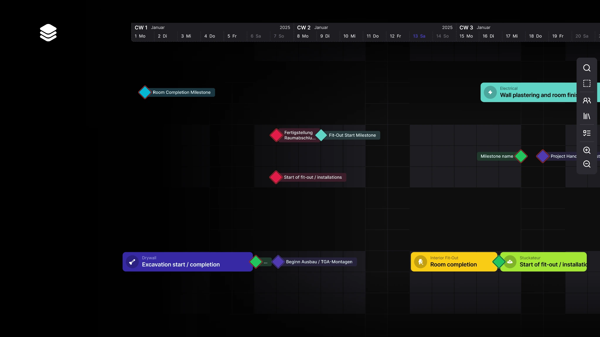 Timeline-based construction planning with tasks and milestones.