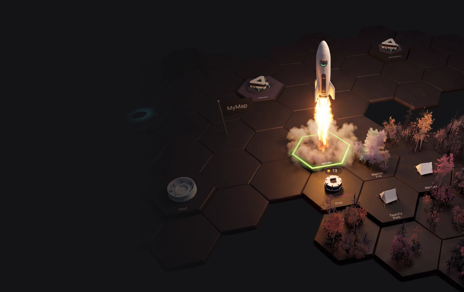 PlayJoob: a rocket launching from a hexagonal project map