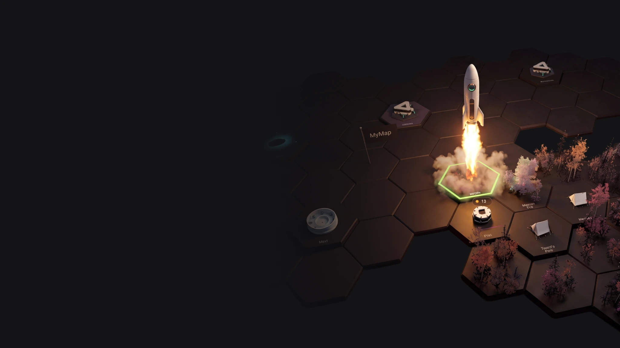 The original rocket and hexagonal-map visual.