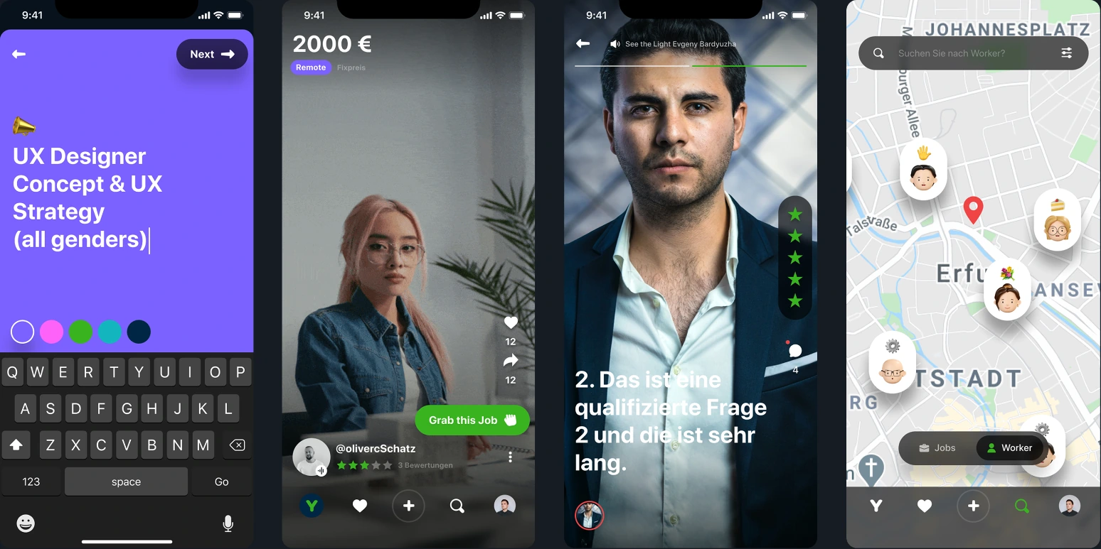YourWork mobile screens for posting a job, video discovery and searching on a map